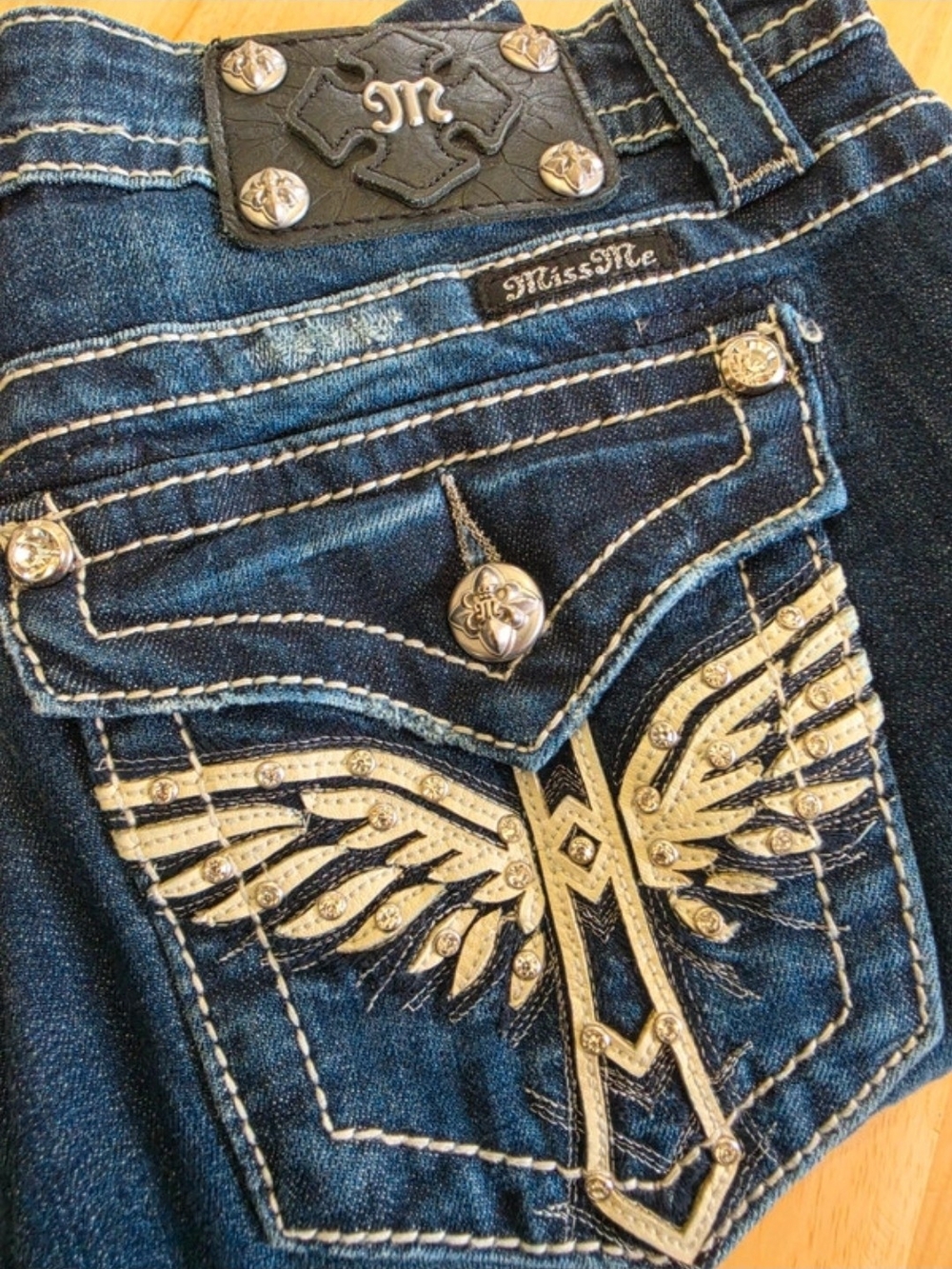 Miss Me Dark Blue Boyfriend Jeans with Embellished Wing Pocket